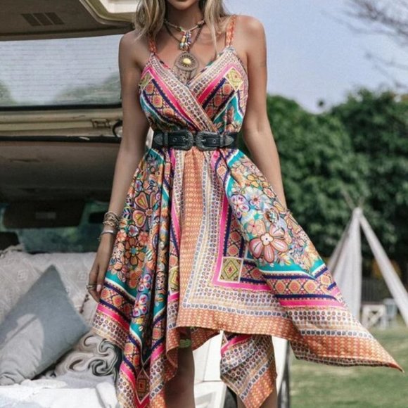 Boho Floral Print Satin Asymmetrical Hem Dress - Picture 3 of 7